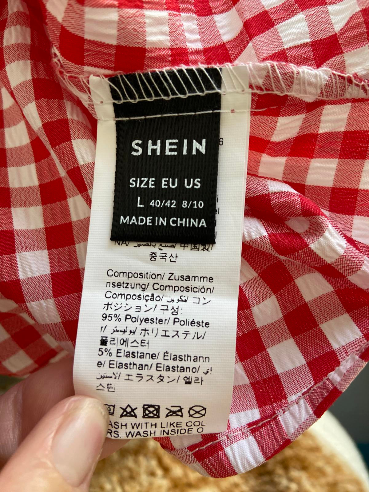 SHEIN Red & White Gingham Tie-Front Blouse, Puff Sleeve, Size Large (L)