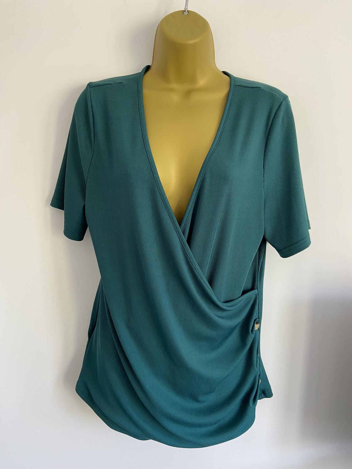 Shein Curve Green Ribbed Wrap V-Neck Button Top - Size 1XL