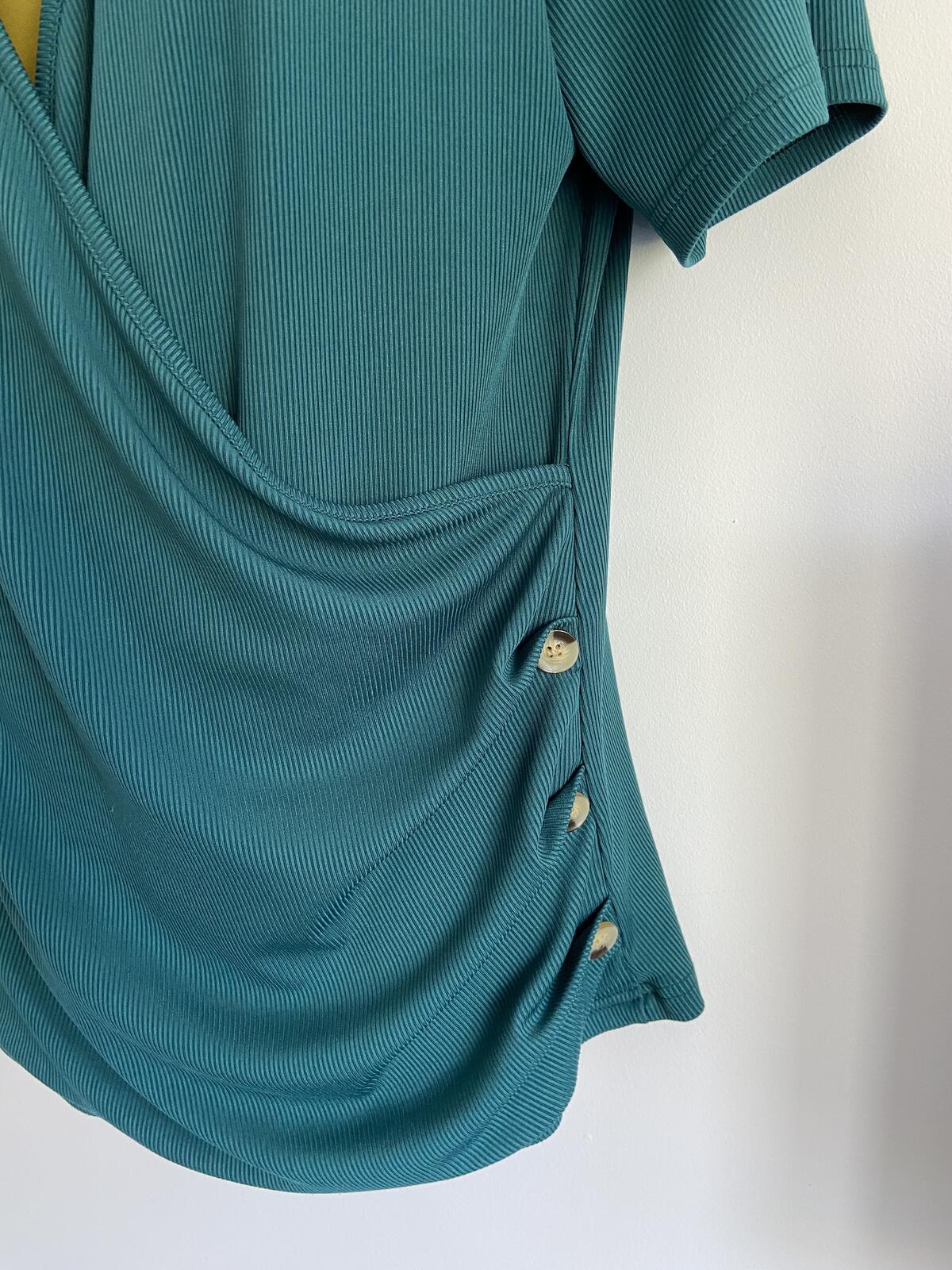 Shein Curve Green Ribbed Wrap V-Neck Button Top - Size 1XL