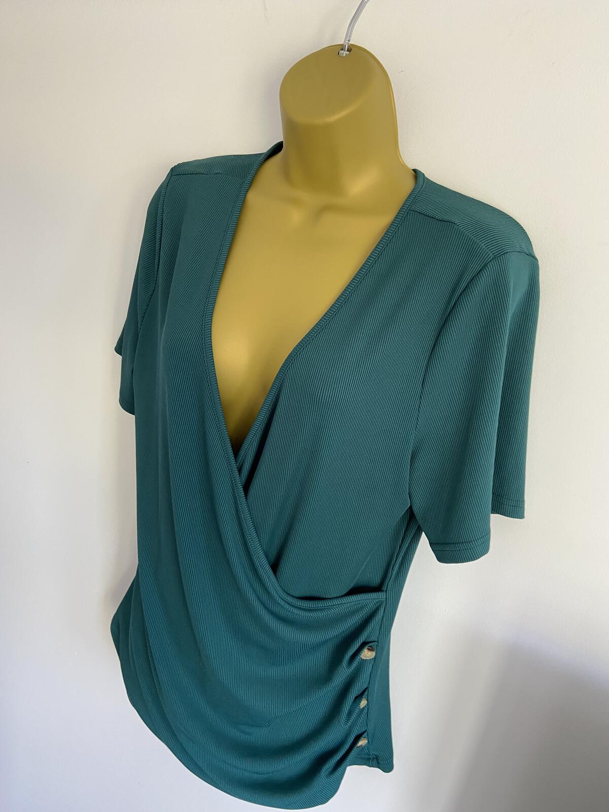 Shein Curve Green Ribbed Wrap V-Neck Button Top - Size 1XL