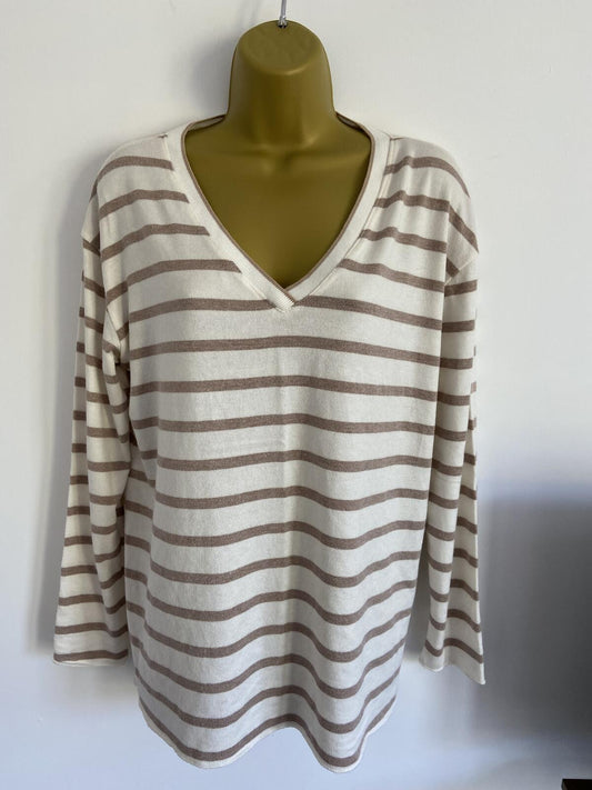 Made in Italy Cream and Brown Striped V-Neck Jumper - Size 14