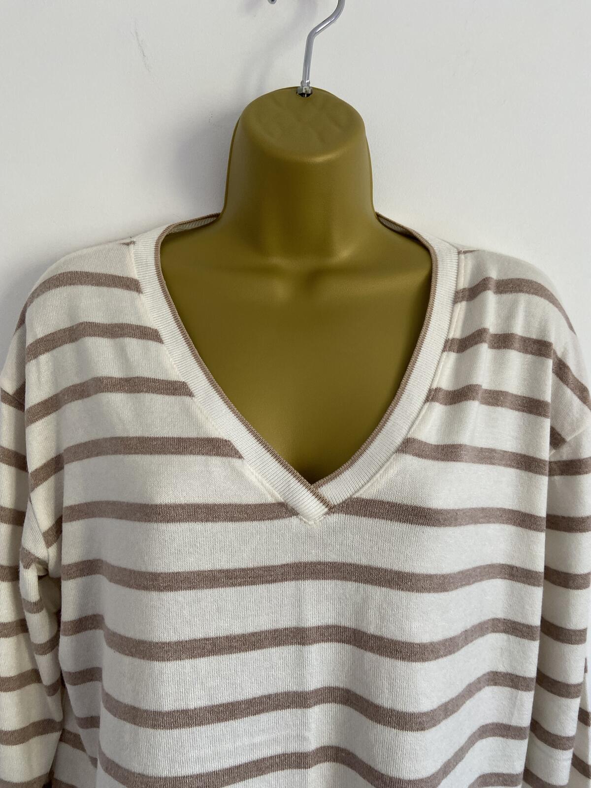Made in Italy Cream and Brown Striped V-Neck Jumper - Size 14