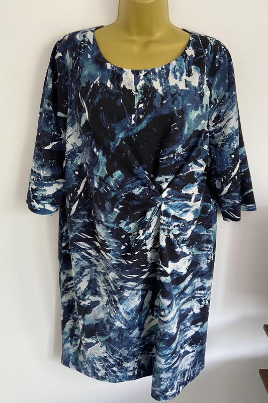 John Lewis Blue Abstract Print Twist Front Midi Dress - Size 16