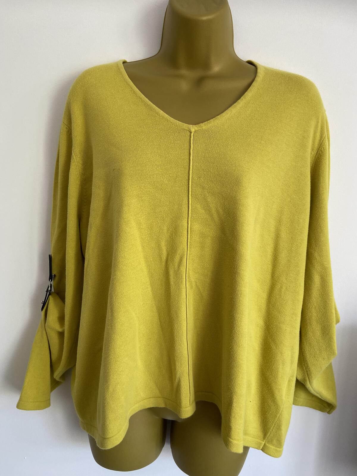 Marble Lime Yellow 100% Cotton V-Neck Jumper with Buckle Sleeves - Size Large
