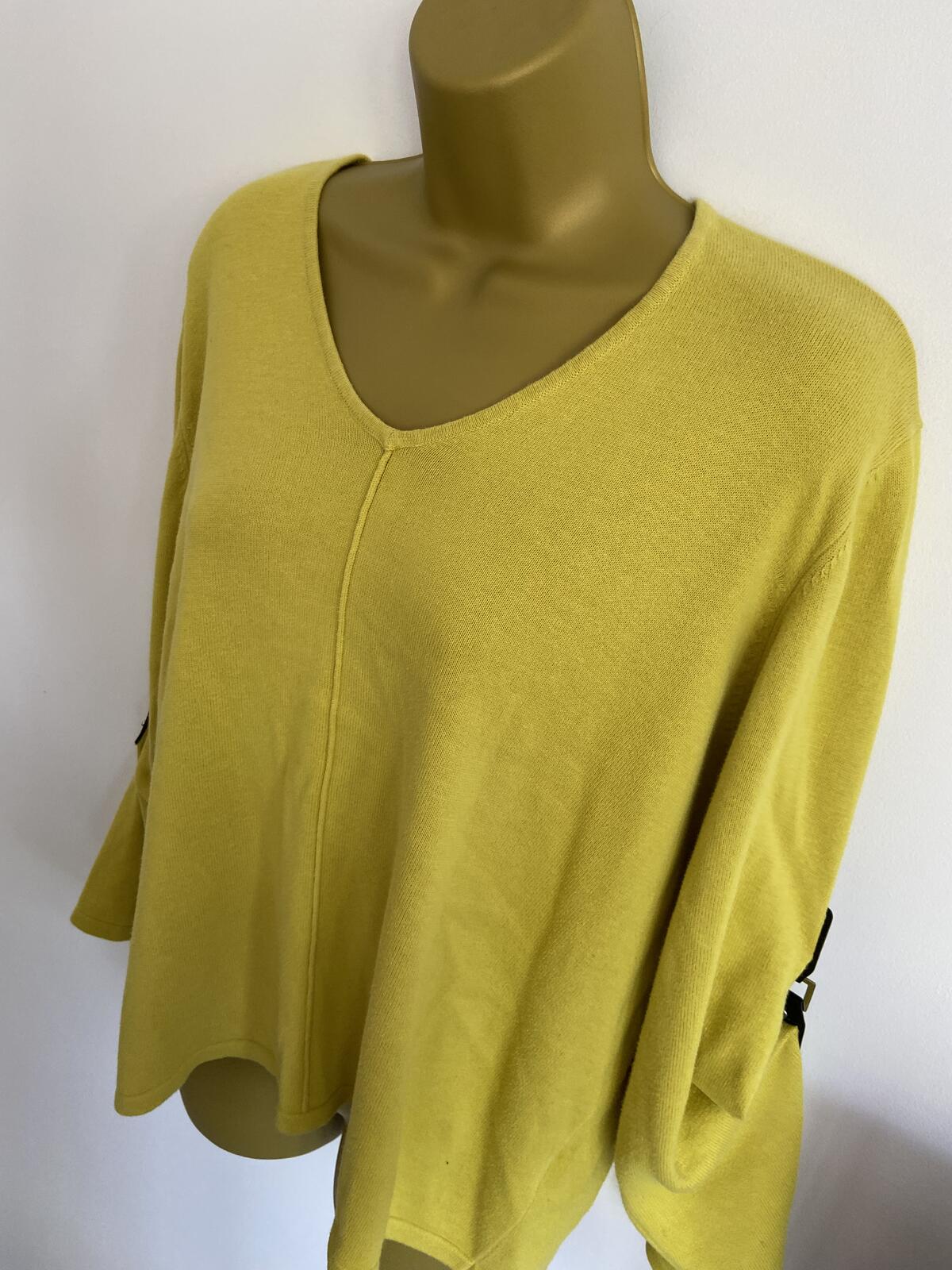 Marble Lime Yellow 100% Cotton V-Neck Jumper with Buckle Sleeves - Size Large