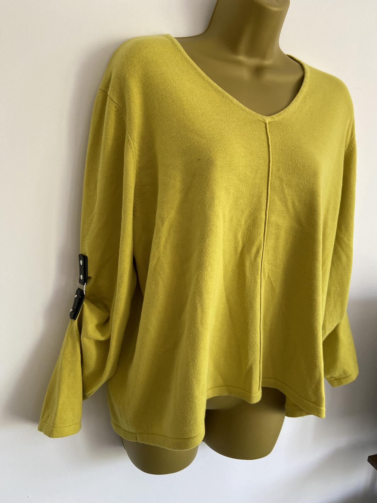 Marble Lime Yellow 100% Cotton V-Neck Jumper with Buckle Sleeves - Size Large
