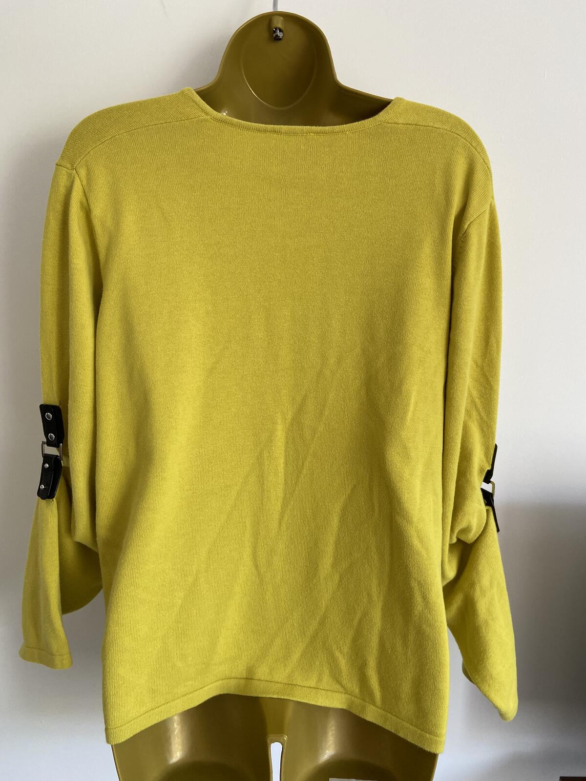 Marble Lime Yellow 100% Cotton V-Neck Jumper with Buckle Sleeves - Size Large