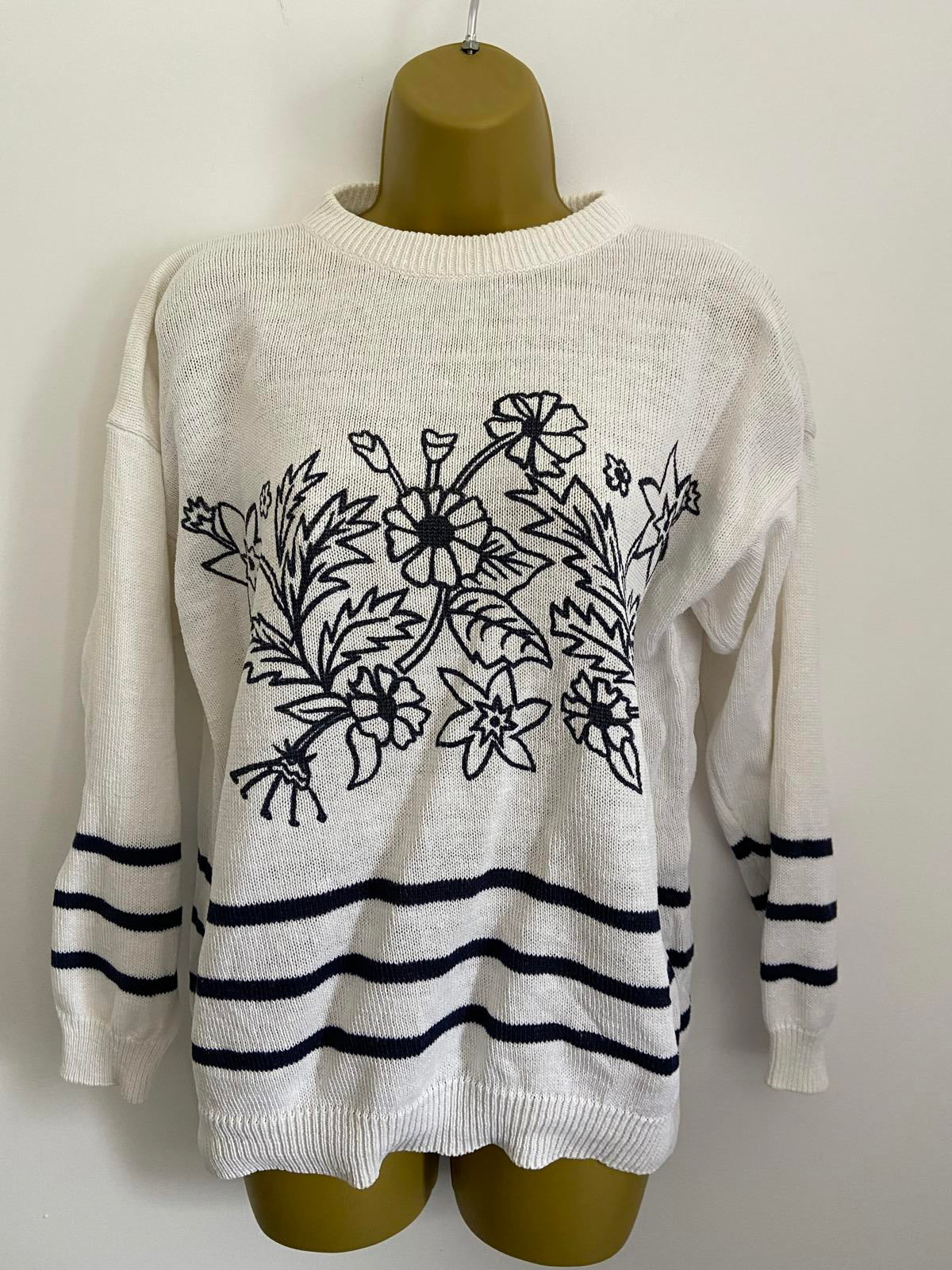 White Knitted Sweater Size 14-16 Black Floral Print Nautical Stripe