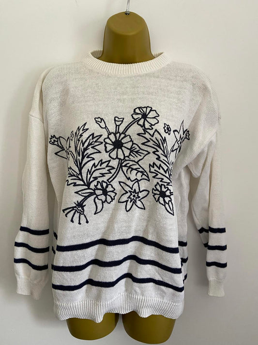 White Knitted Sweater Size 14-16 Black Floral Print Nautical Stripe