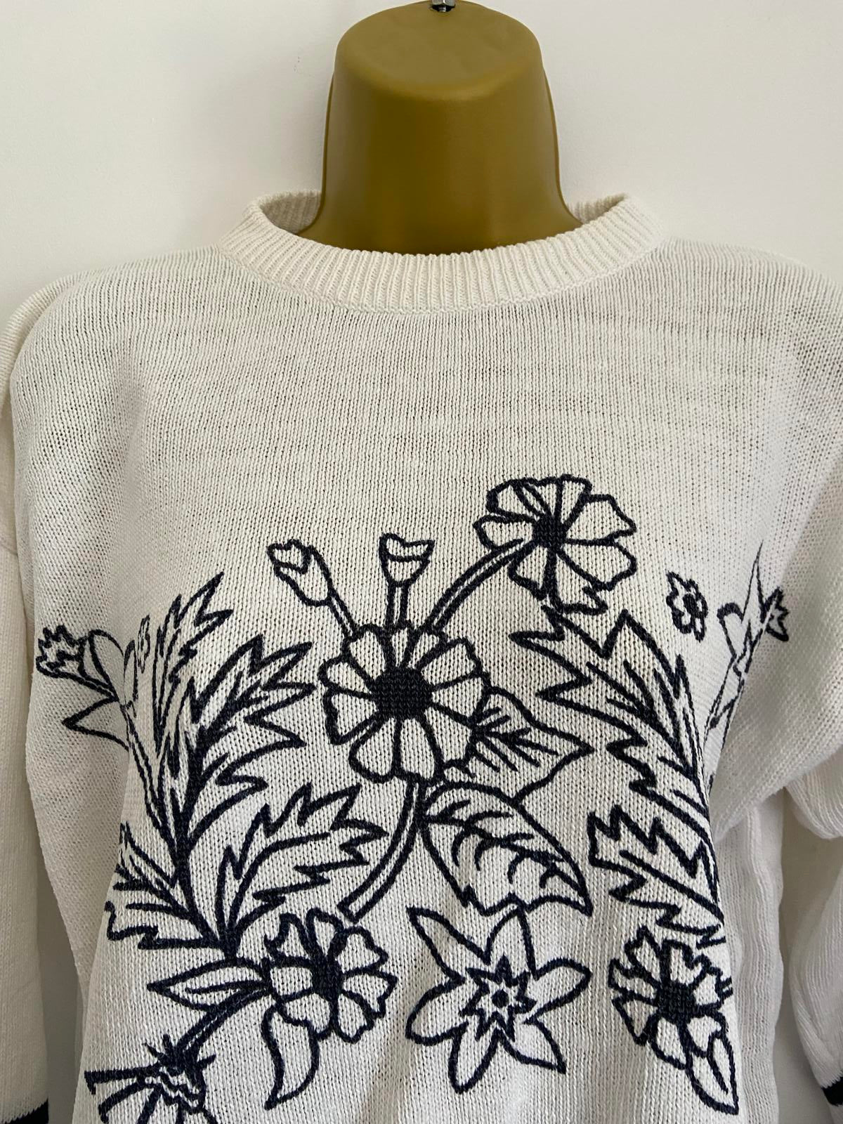 White Knitted Sweater Size 14-16 Black Floral Print Nautical Stripe