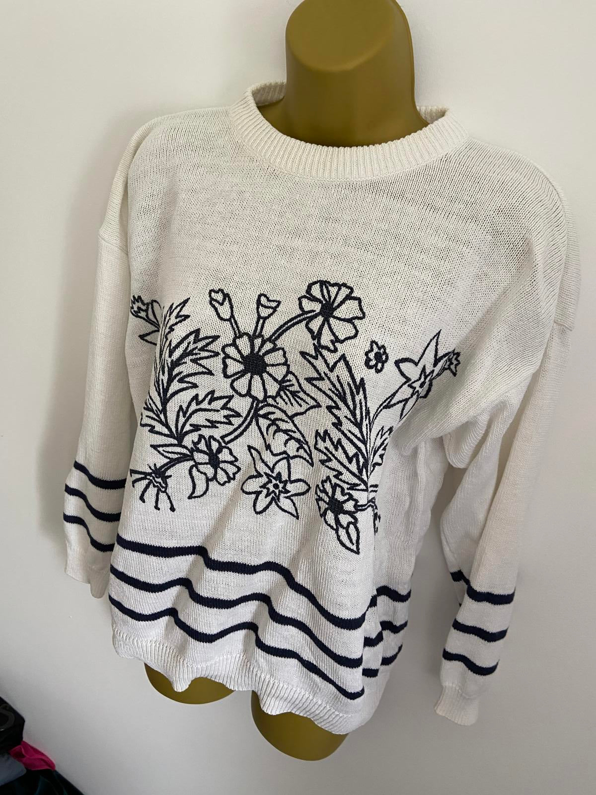 White Knitted Sweater Size 14-16 Black Floral Print Nautical Stripe