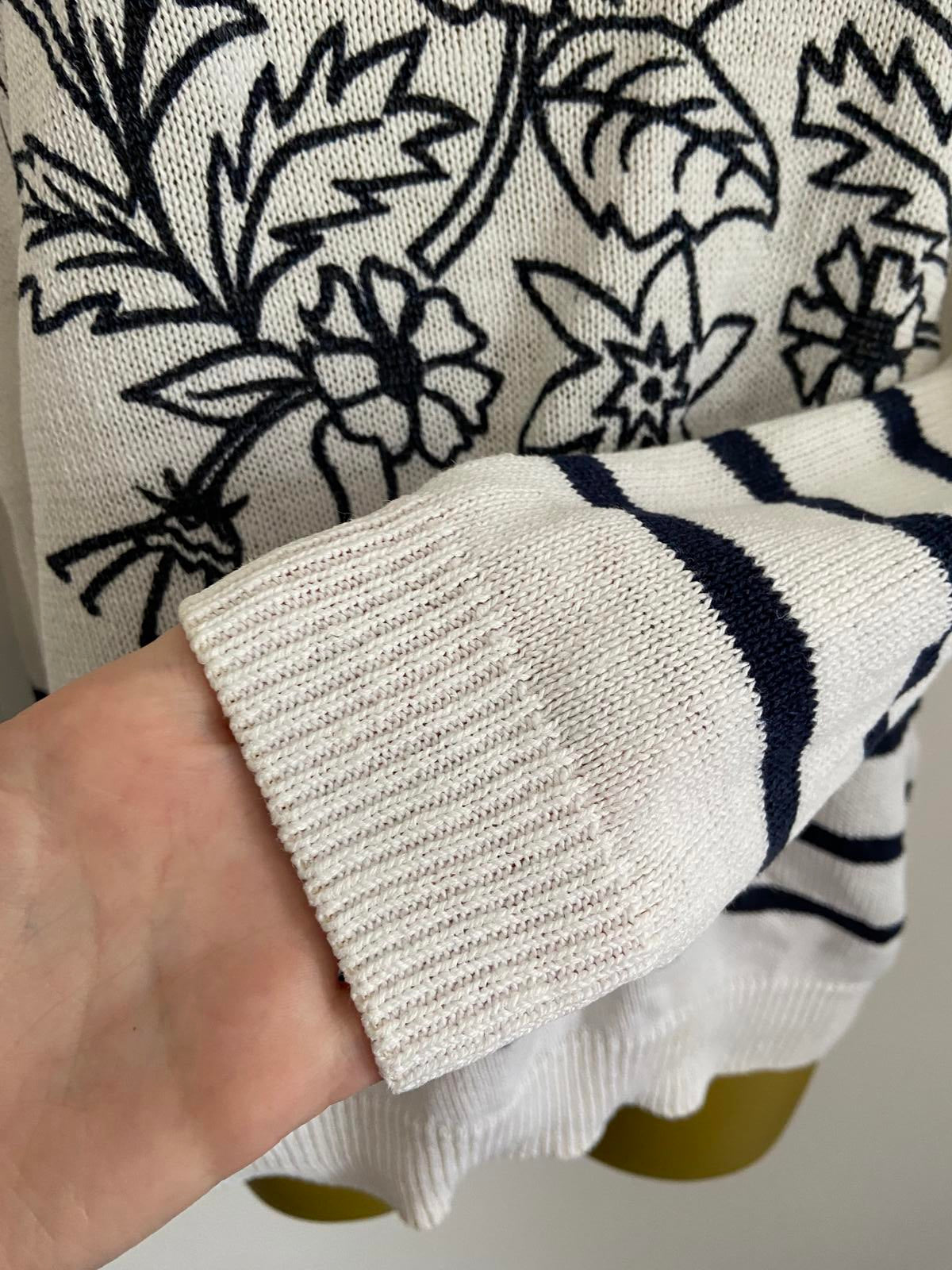 White Knitted Sweater Size 14-16 Black Floral Print Nautical Stripe