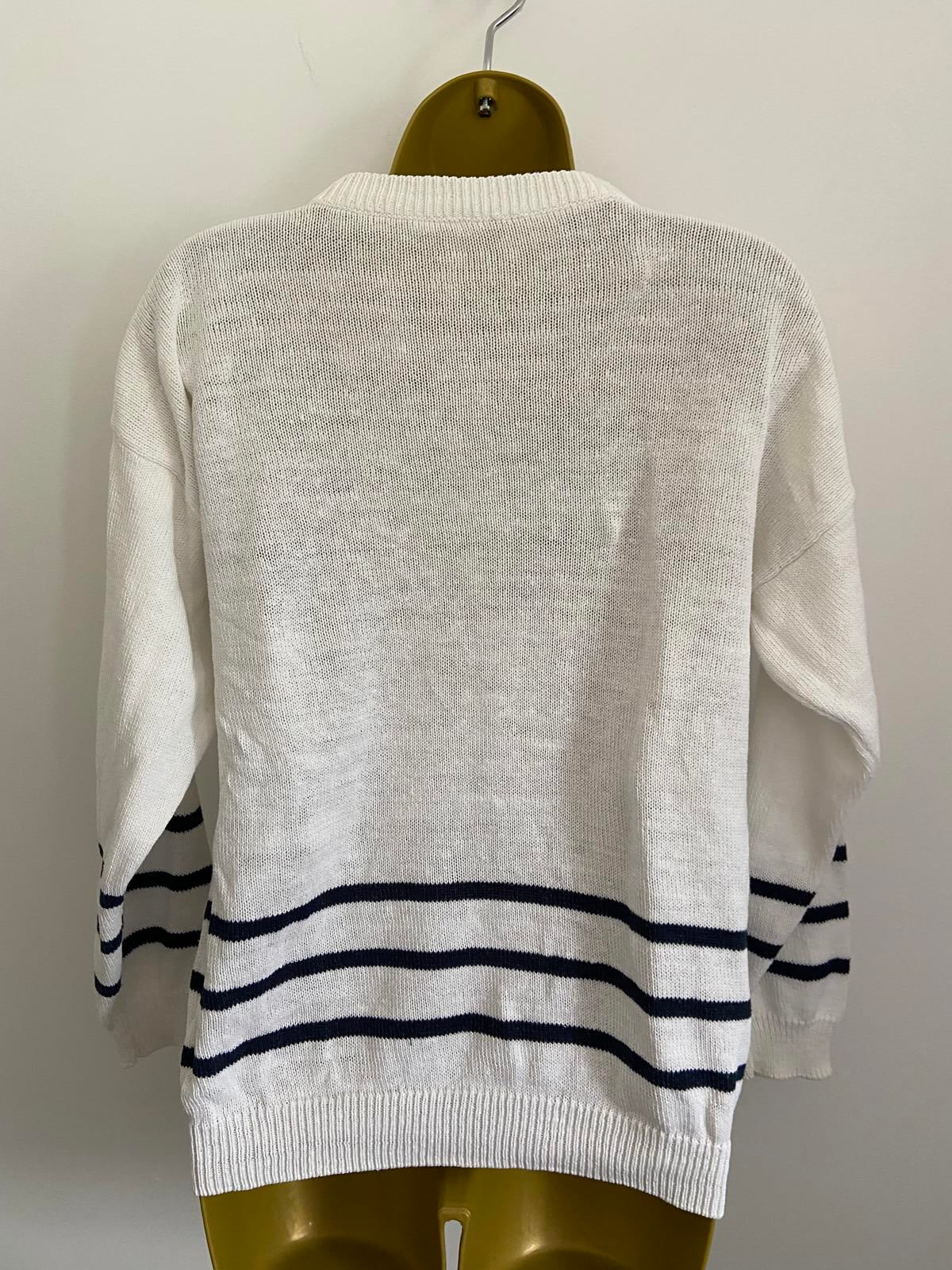 White Knitted Sweater Size 14-16 Black Floral Print Nautical Stripe