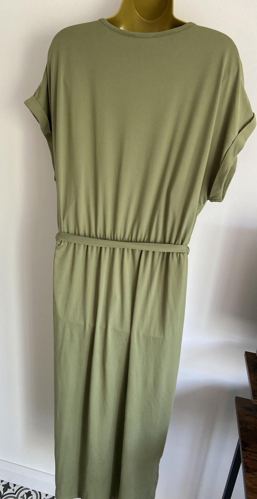 Shein Curve Khaki Green Jersey Tie-Waist Midi Dress - Size 2XL