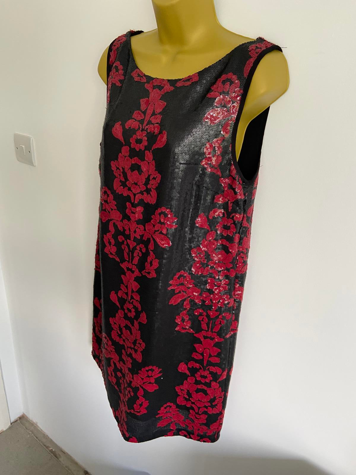 Next Black & Red Sequin Dress - Sleeveless, Scoop Neck, Size 12