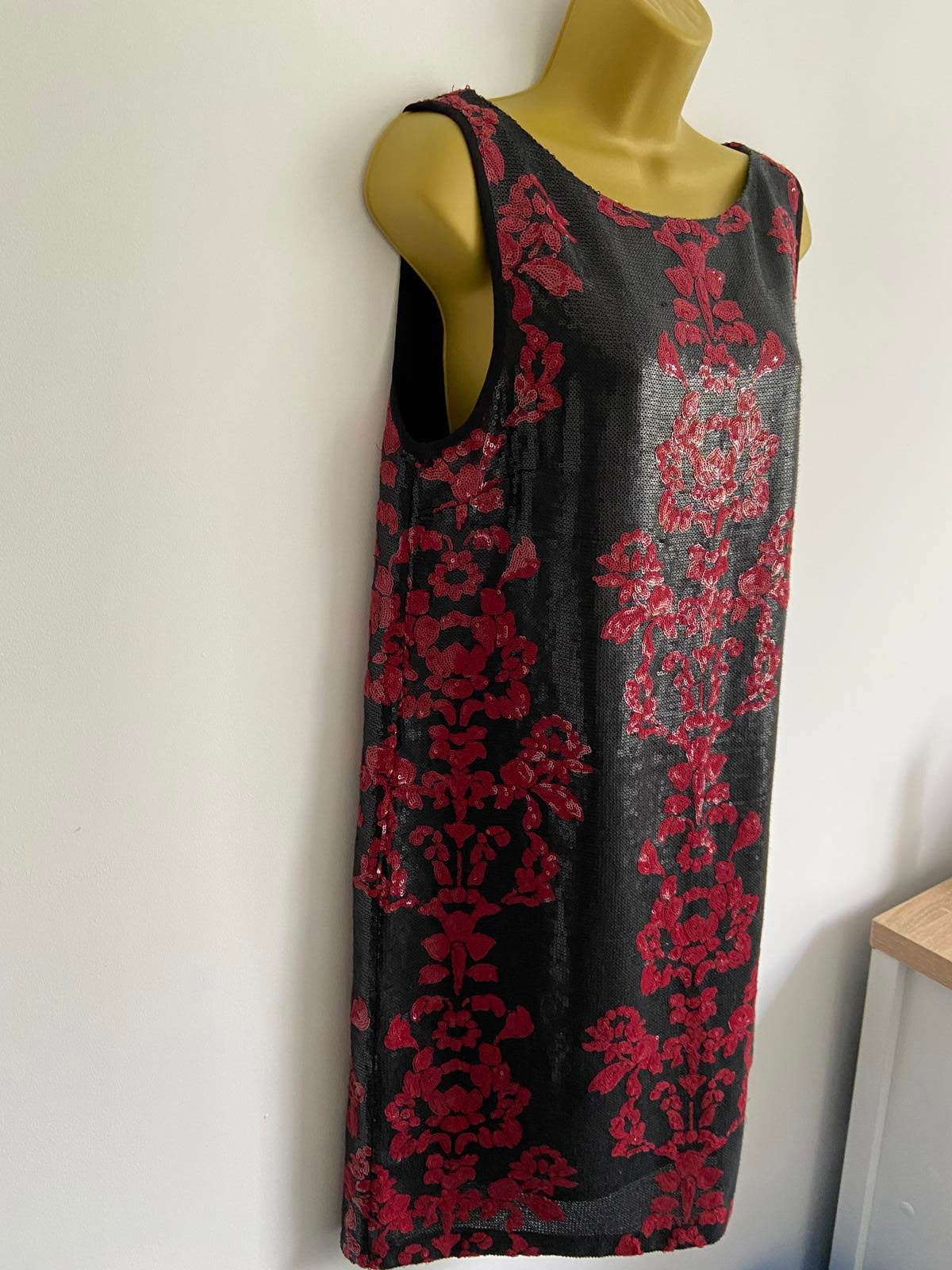Next Black & Red Sequin Dress - Sleeveless, Scoop Neck, Size 12