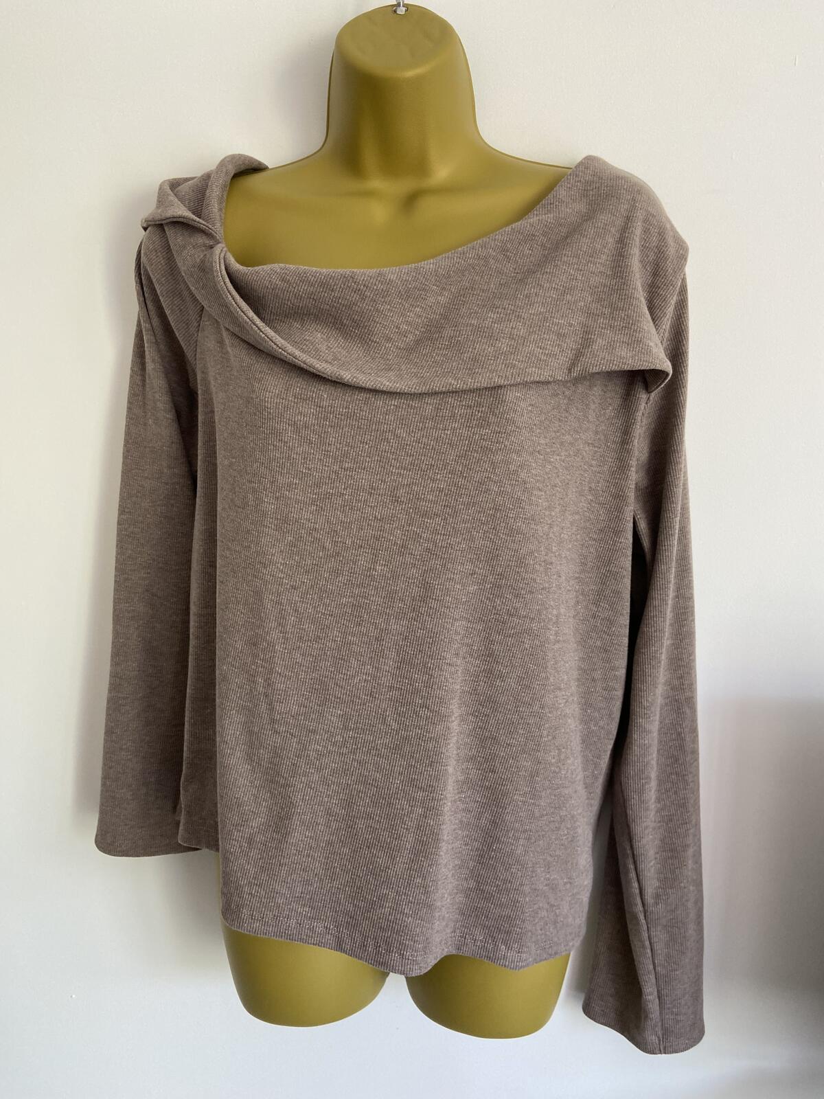 Nutmeg Light Brown Ribbed Cowl Neck Long Sleeve Top - Size 18