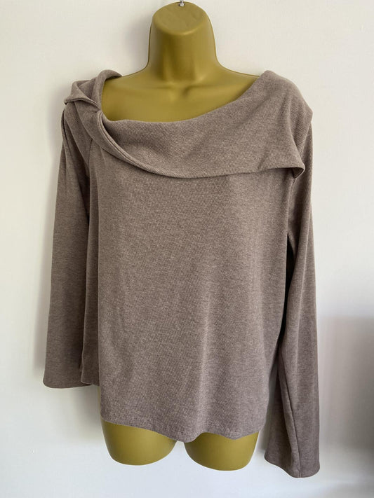 Nutmeg Light Brown Ribbed Cowl Neck Long Sleeve Top - Size 18
