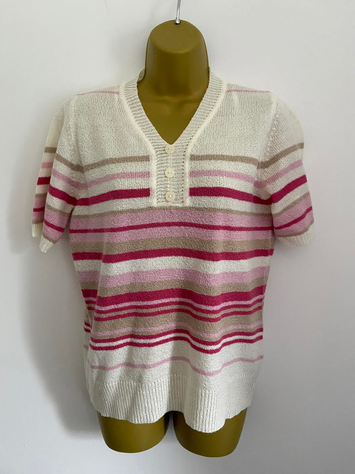 BM Size Small Short Sleeve Knit Sweater Pink White Beige Stripe
