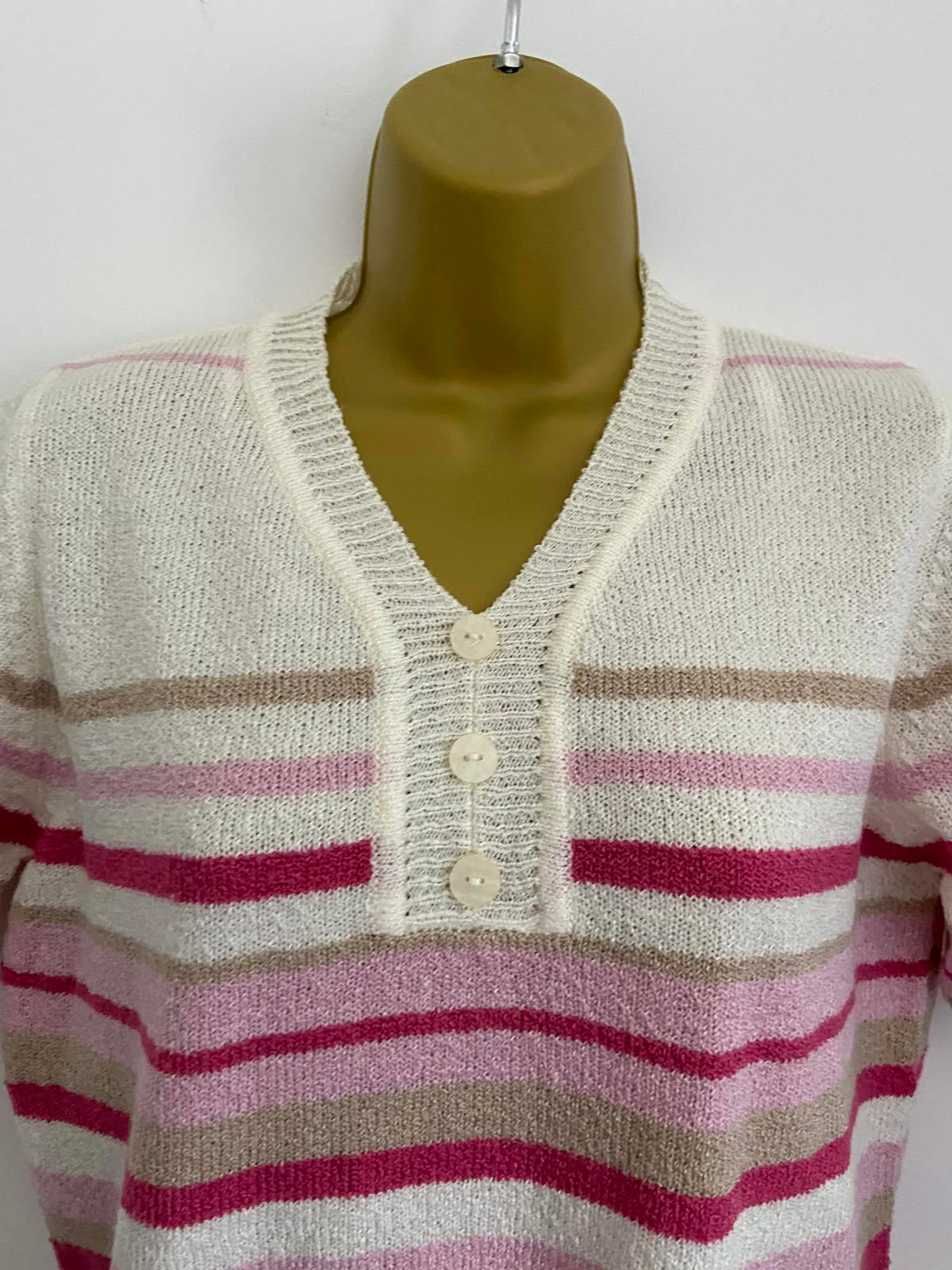 BM Size Small Short Sleeve Knit Sweater Pink White Beige Stripe