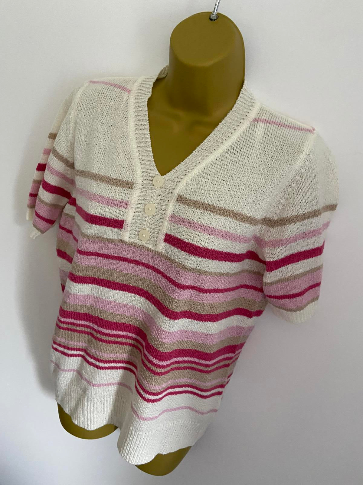 BM Size Small Short Sleeve Knit Sweater Pink White Beige Stripe