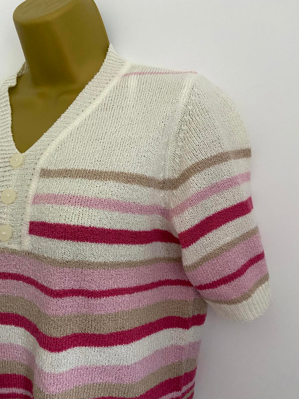 BM Size Small Short Sleeve Knit Sweater Pink White Beige Stripe