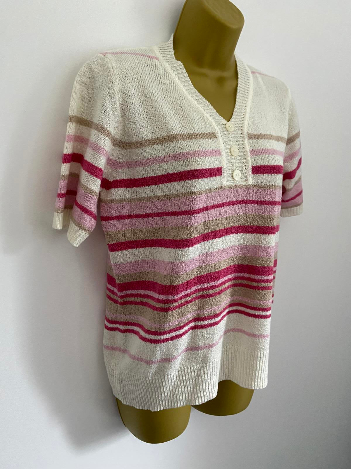 BM Size Small Short Sleeve Knit Sweater Pink White Beige Stripe
