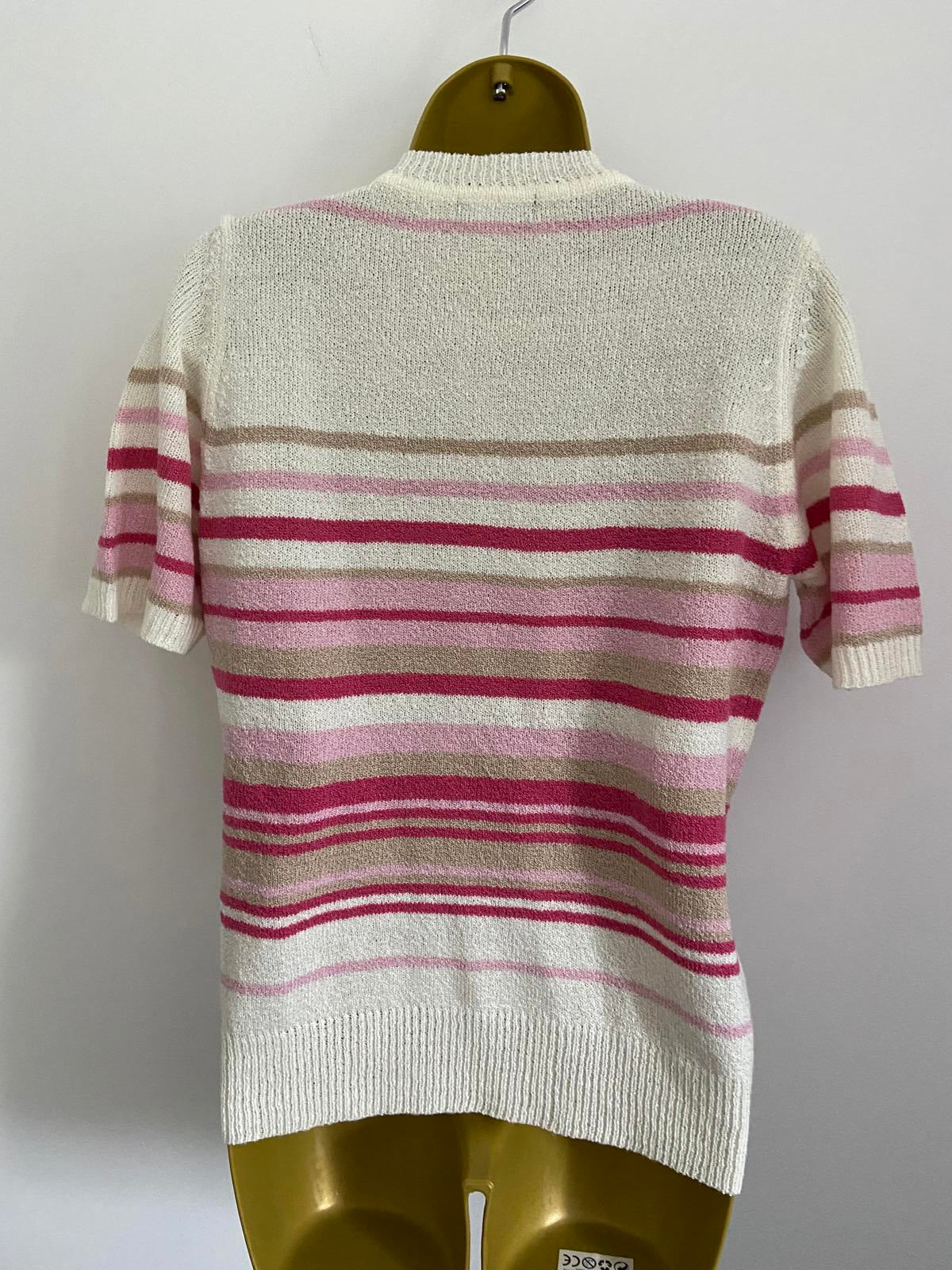 BM Size Small Short Sleeve Knit Sweater Pink White Beige Stripe