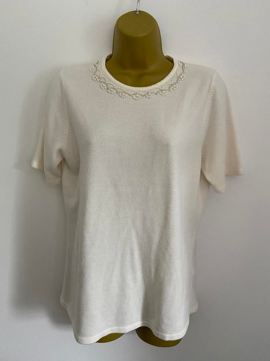 BHS Classics Size 10 Winter White Short Sleeve Sweater Pearl Detail