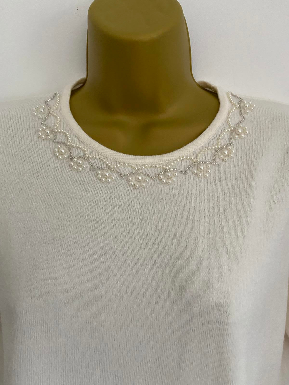 BHS Classics Size 10 Winter White Short Sleeve Sweater Pearl Detail