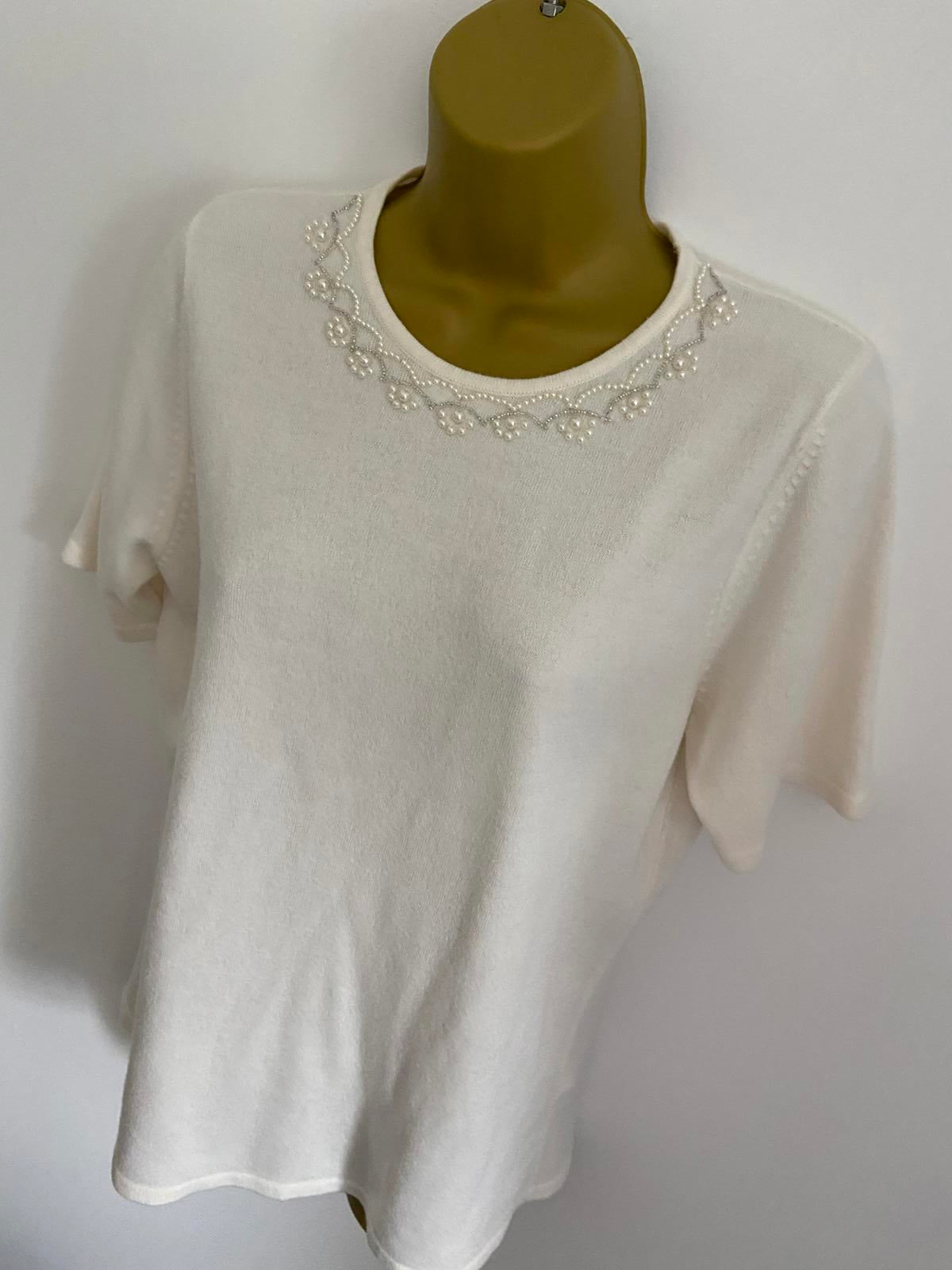 BHS Classics Size 10 Winter White Short Sleeve Sweater Pearl Detail