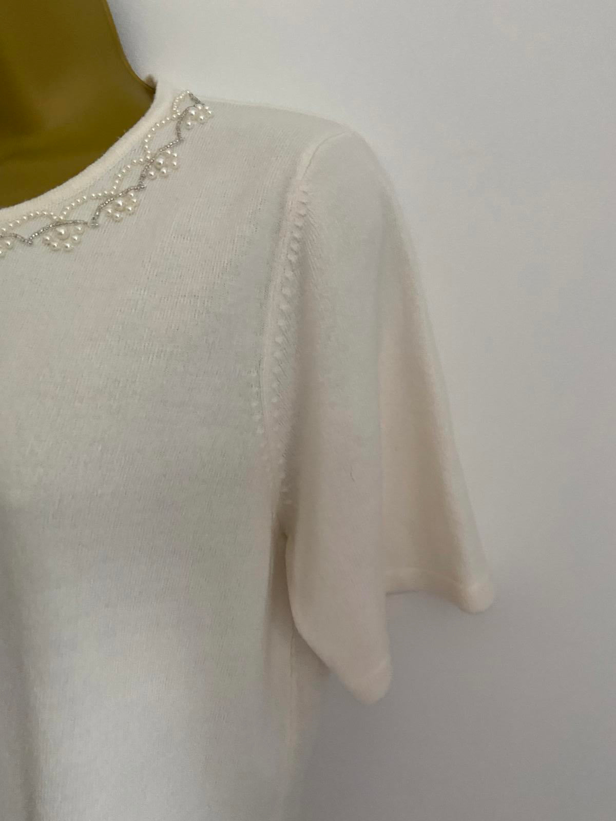 BHS Classics Size 10 Winter White Short Sleeve Sweater Pearl Detail