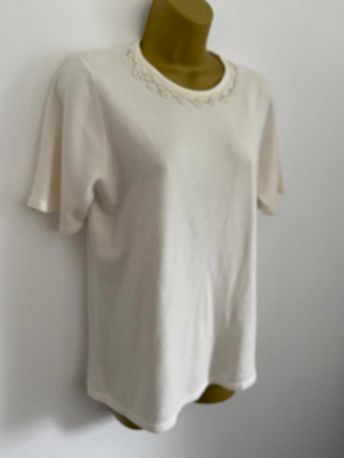 BHS Classics Size 10 Winter White Short Sleeve Sweater Pearl Detail