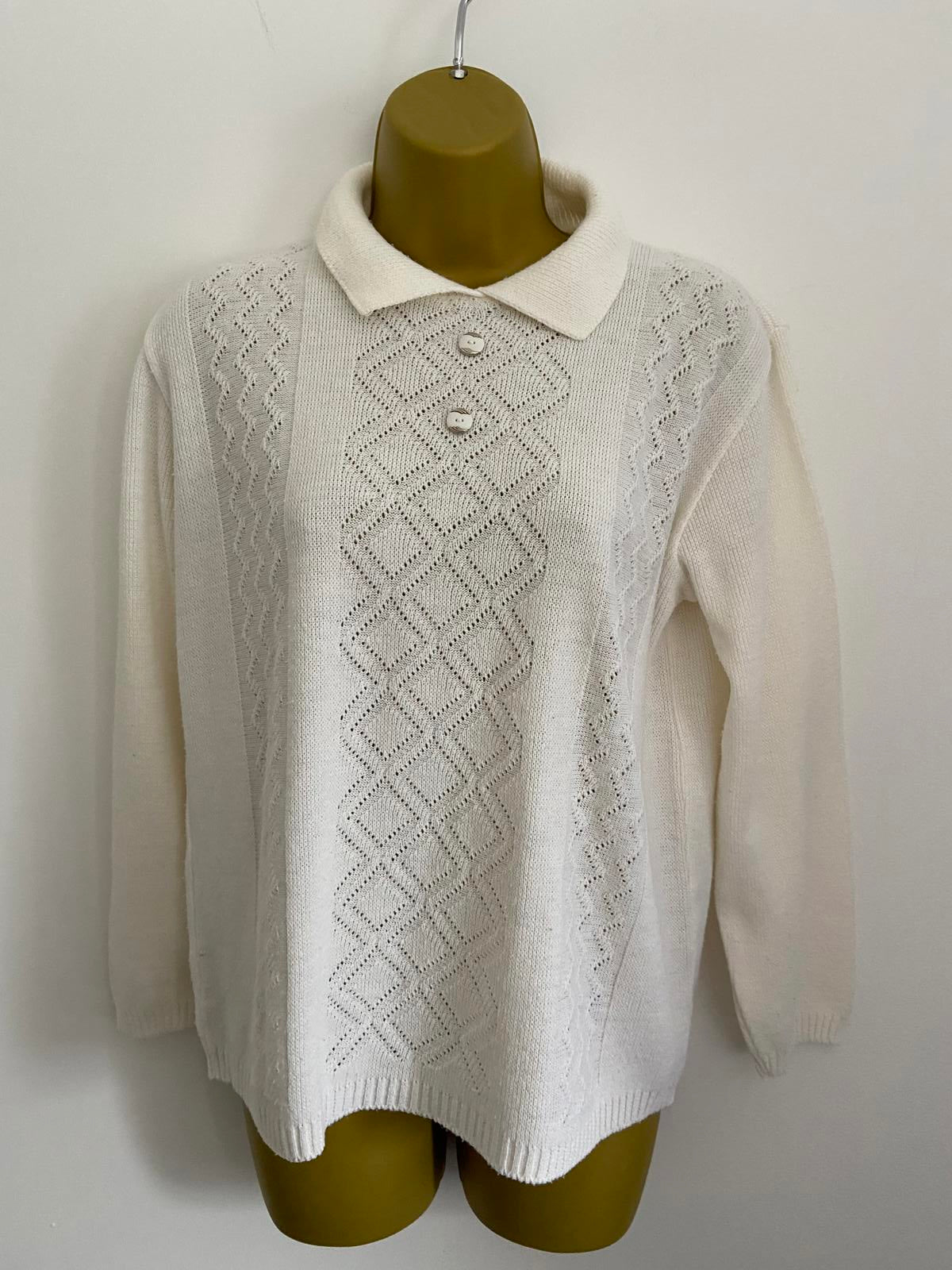 Vintage White Collared Knit Jumper Size 14-16 Diamond Pointelle Button P2P 55cm