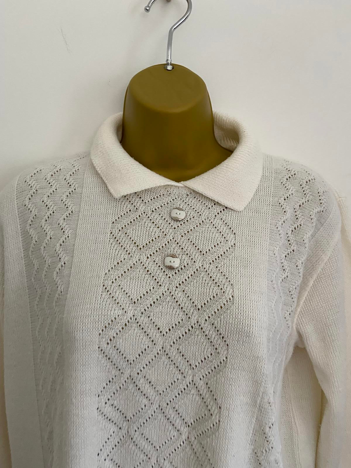 Vintage White Collared Knit Jumper Size 14-16 Diamond Pointelle Button P2P 55cm