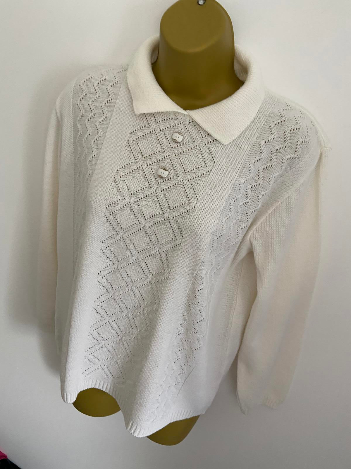 Vintage White Collared Knit Jumper Size 14-16 Diamond Pointelle Button P2P 55cm