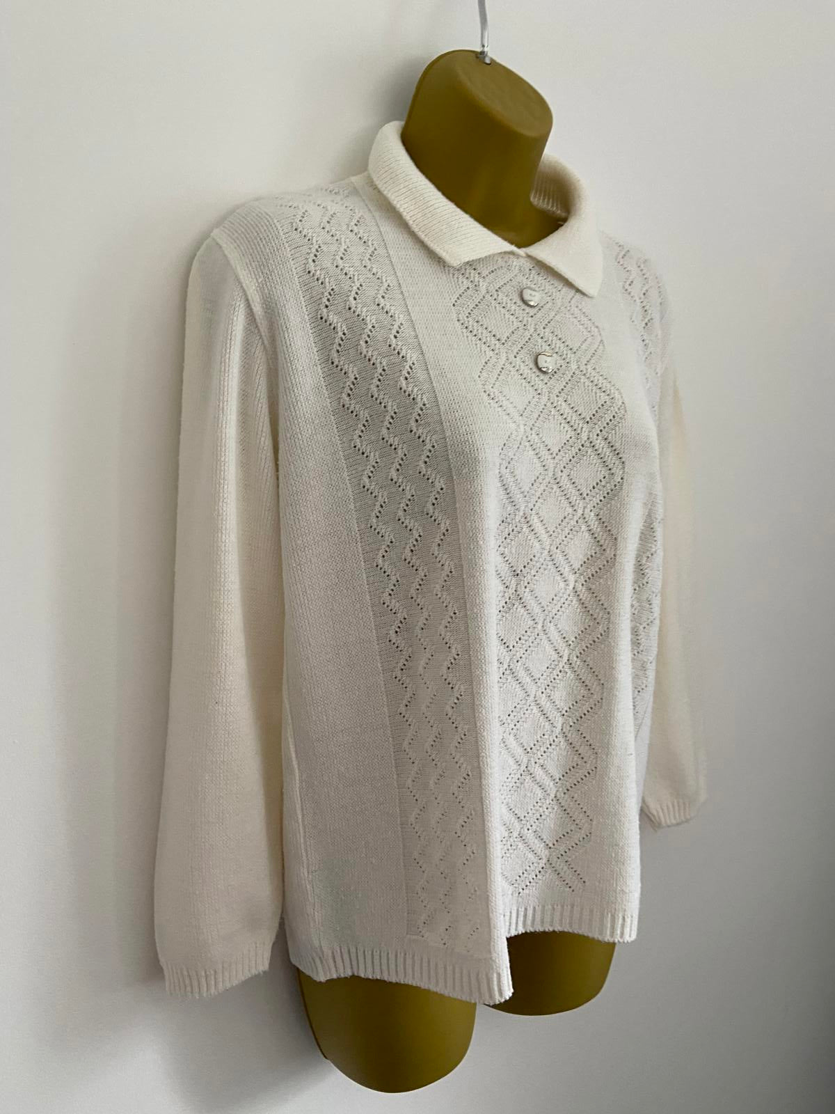 Vintage White Collared Knit Jumper Size 14-16 Diamond Pointelle Button P2P 55cm