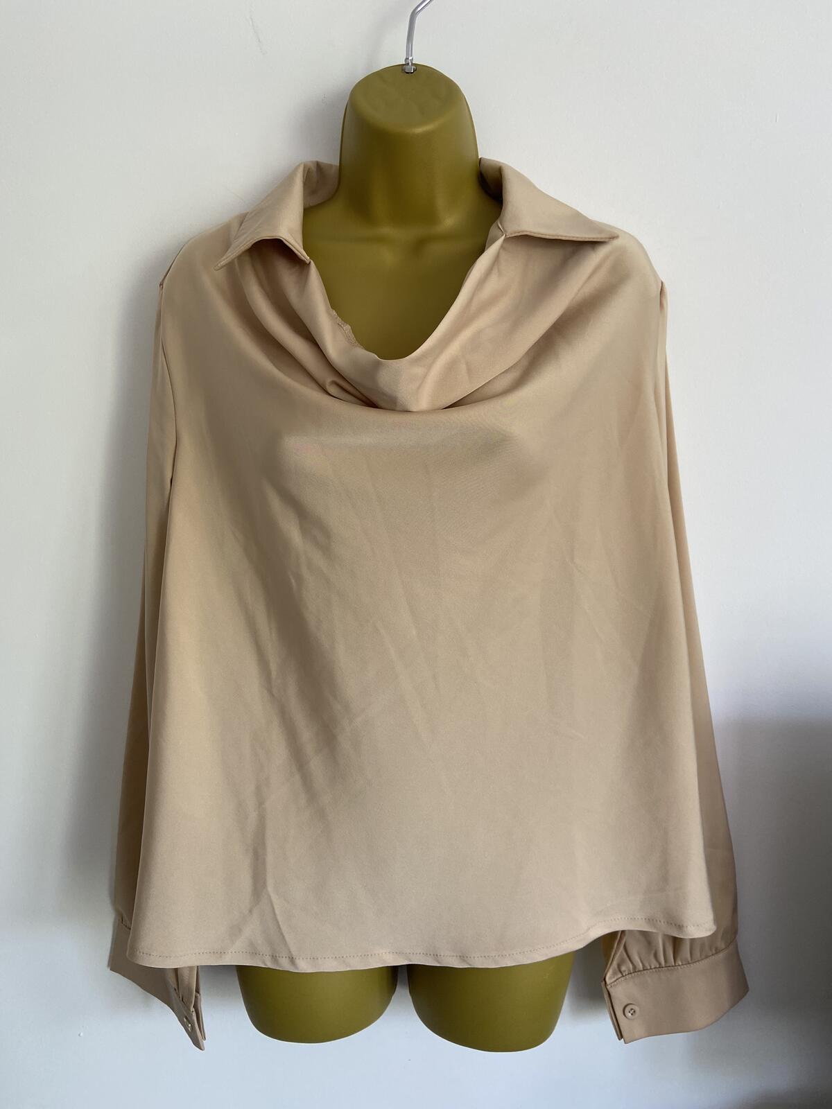 Beige Silky Cowl Neck Long Sleeve Blouse - Size Large