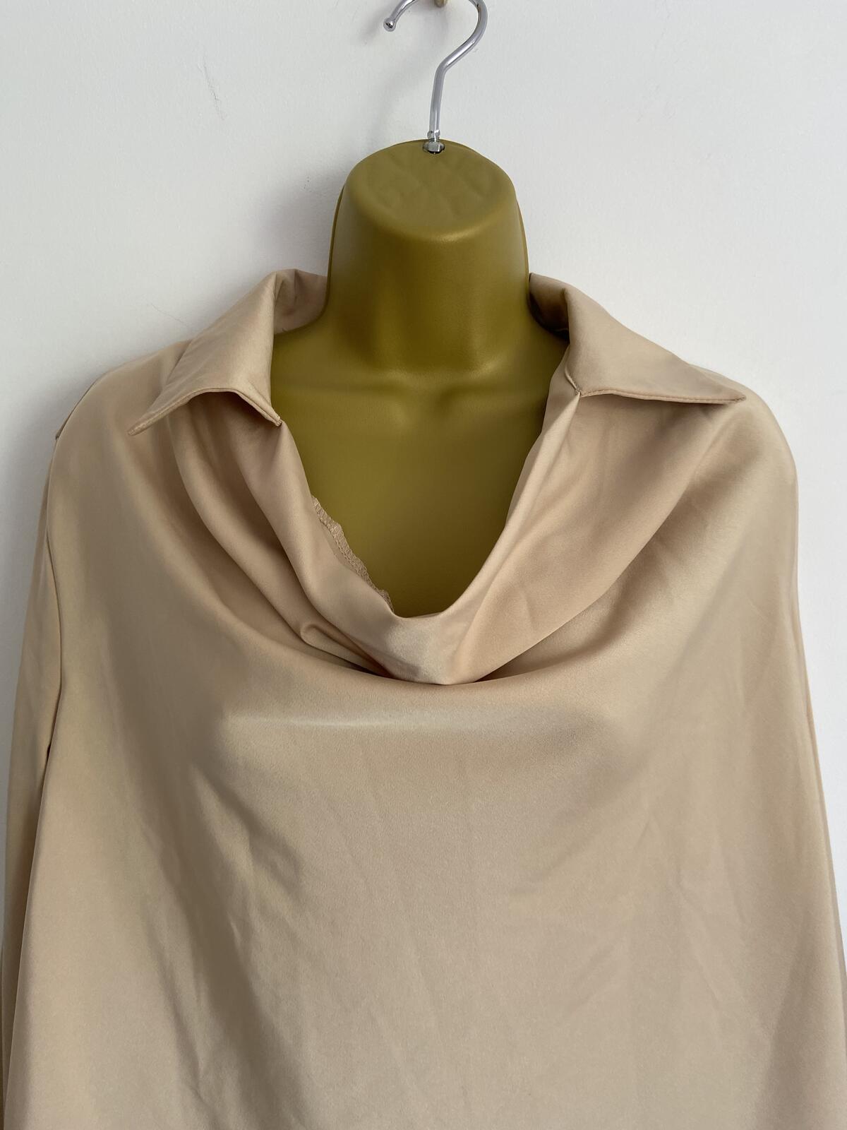 Beige Silky Cowl Neck Long Sleeve Blouse - Size Large