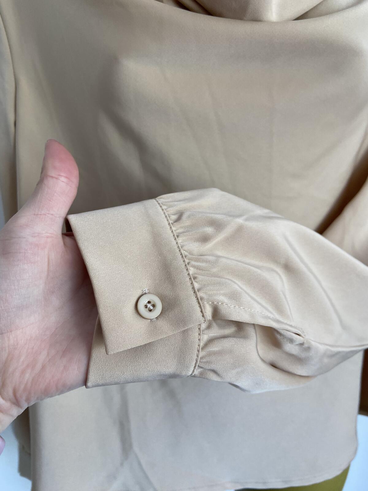 Beige Silky Cowl Neck Long Sleeve Blouse - Size Large
