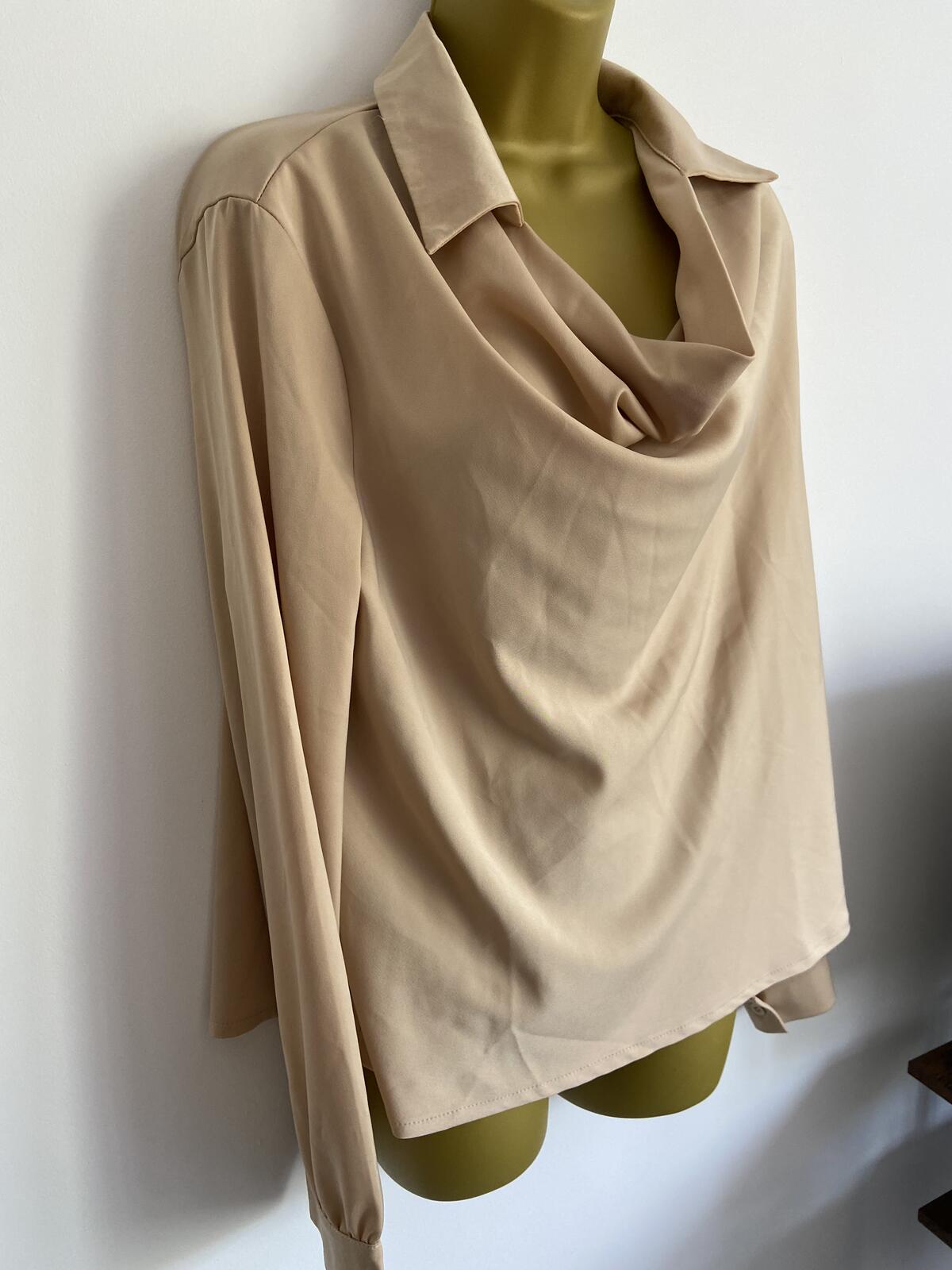 Beige Silky Cowl Neck Long Sleeve Blouse - Size Large