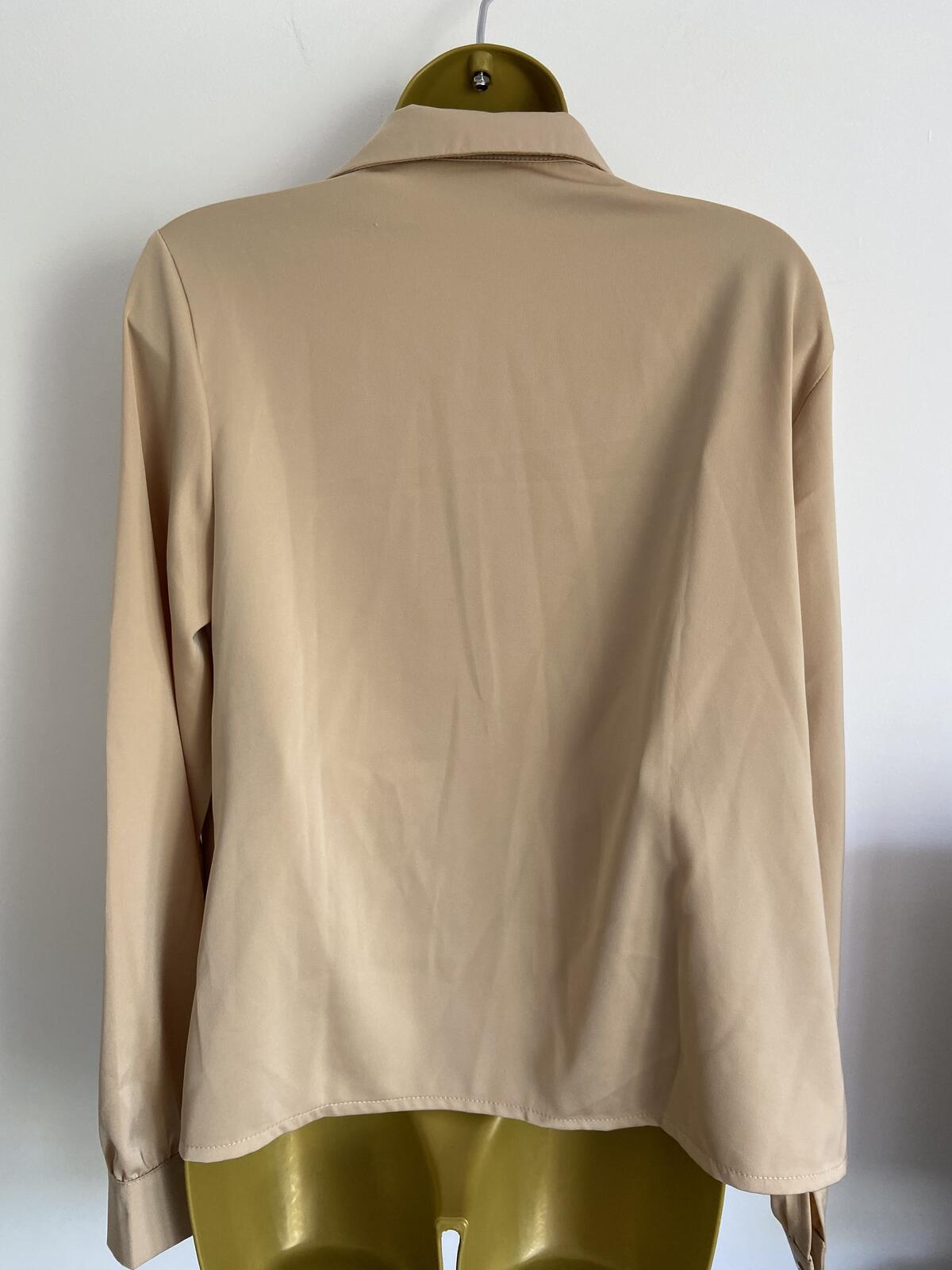 Beige Silky Cowl Neck Long Sleeve Blouse - Size Large