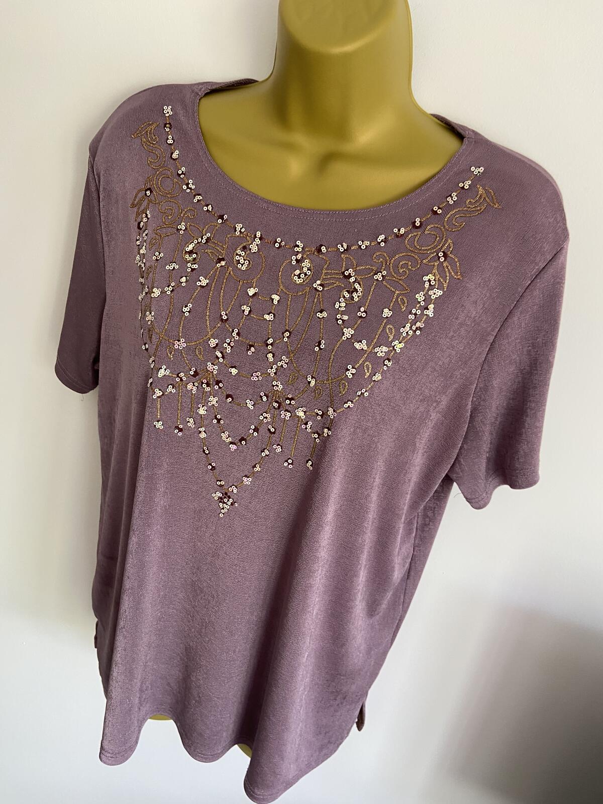 Lilac Purple Embroidered Sequin Neckline Short Sleeve Top - Size 20