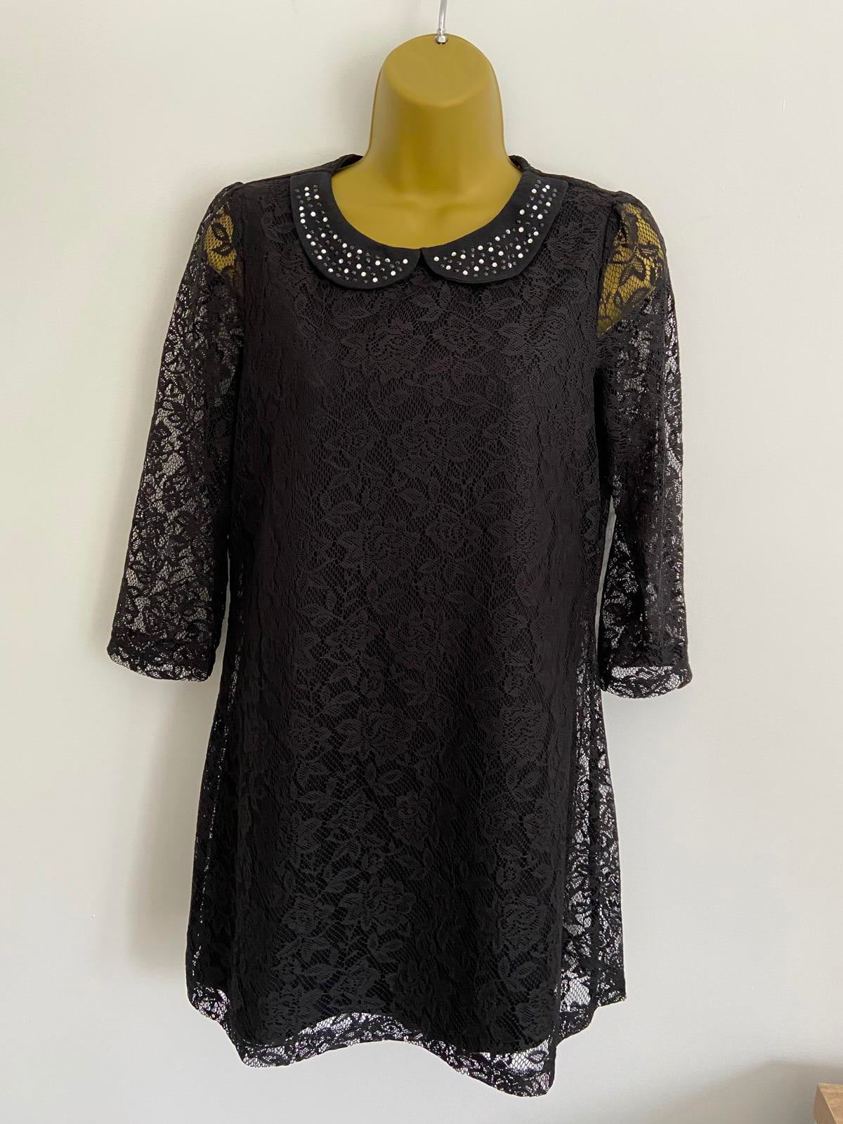 F&F (Florence & Fred) Black Lace Mini Dress - Jewelled Collar, 3/4 Sleeves, UK 8