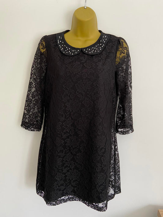 F&F (Florence & Fred) Black Lace Mini Dress - Jewelled Collar, 3/4 Sleeves, UK 8