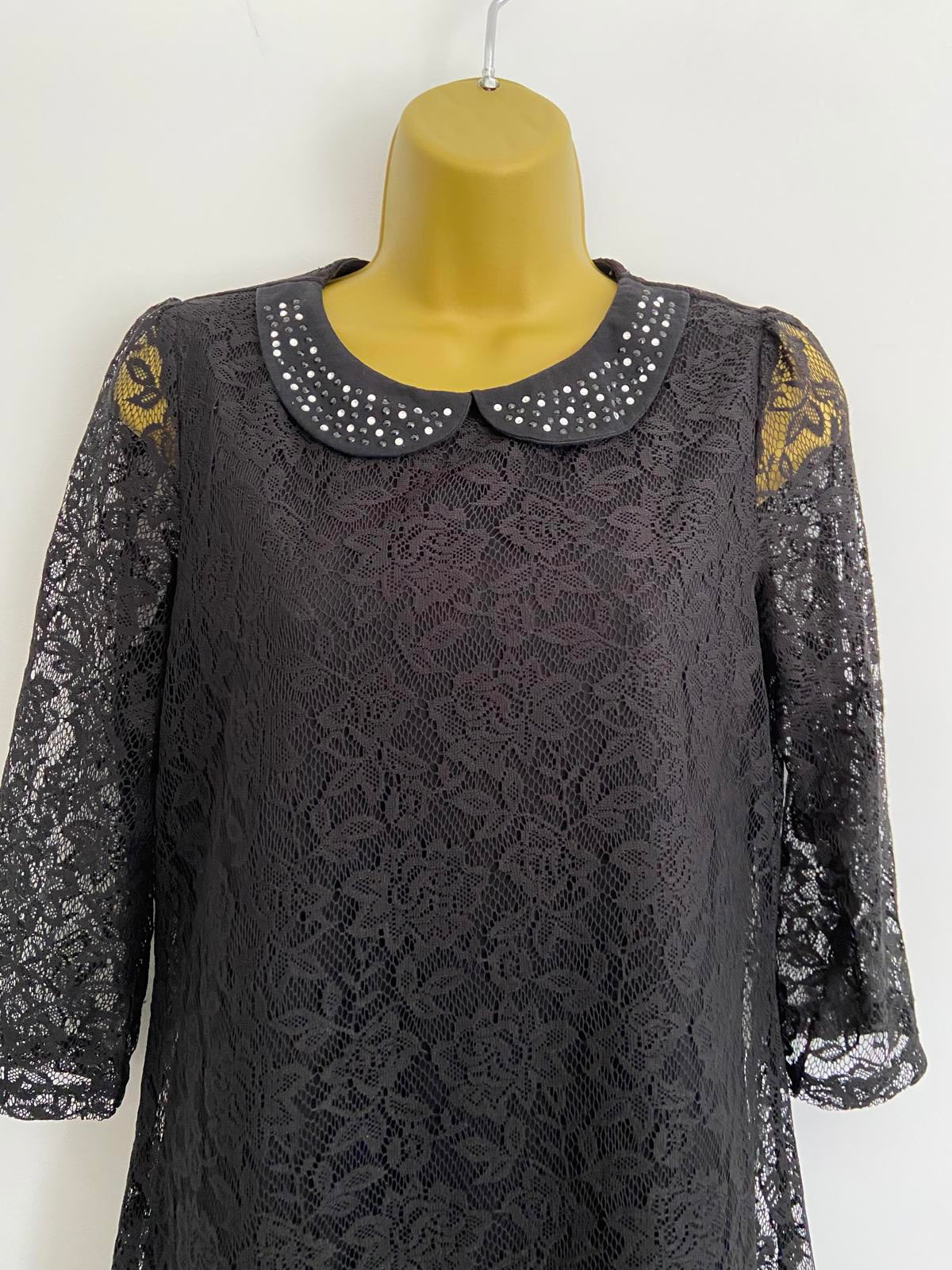 F&F (Florence & Fred) Black Lace Mini Dress - Jewelled Collar, 3/4 Sleeves, UK 8
