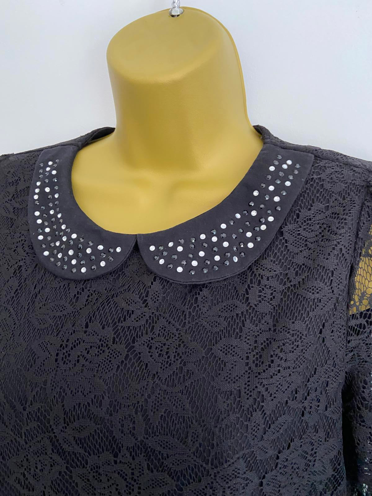 F&F (Florence & Fred) Black Lace Mini Dress - Jewelled Collar, 3/4 Sleeves, UK 8