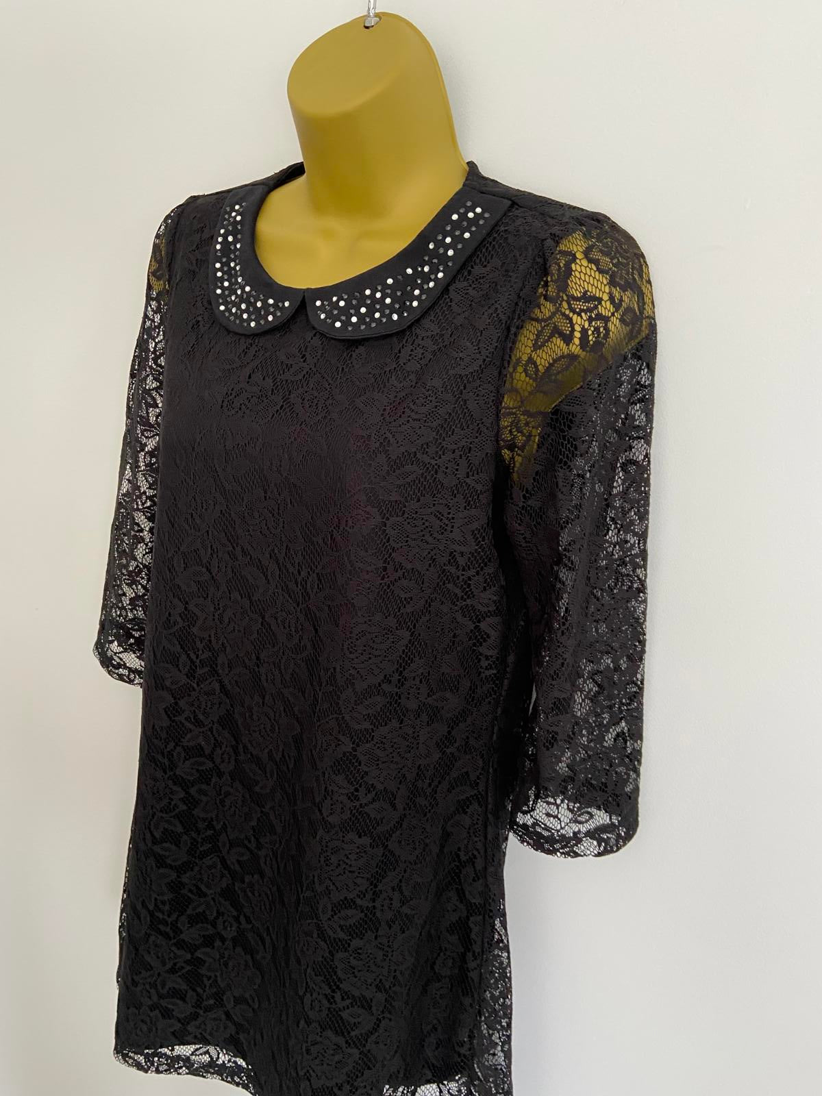 F&F (Florence & Fred) Black Lace Mini Dress - Jewelled Collar, 3/4 Sleeves, UK 8