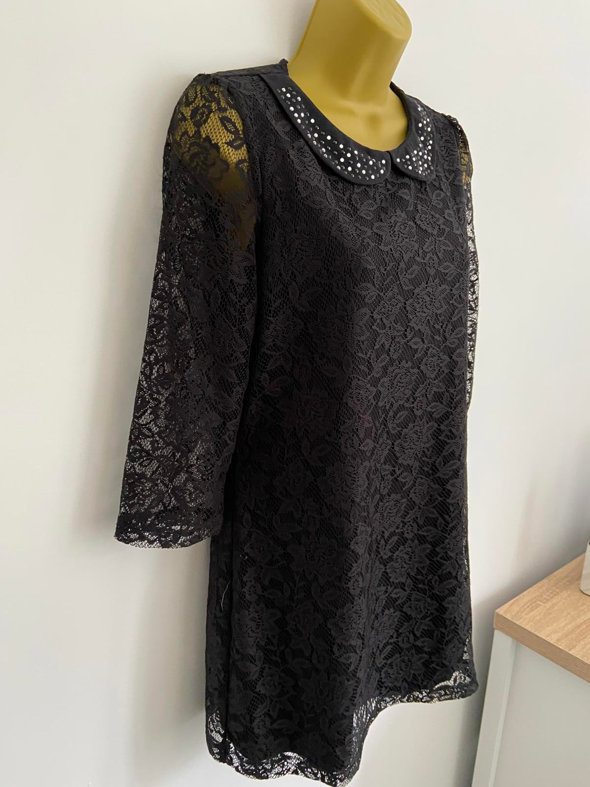 F&F (Florence & Fred) Black Lace Mini Dress - Jewelled Collar, 3/4 Sleeves, UK 8