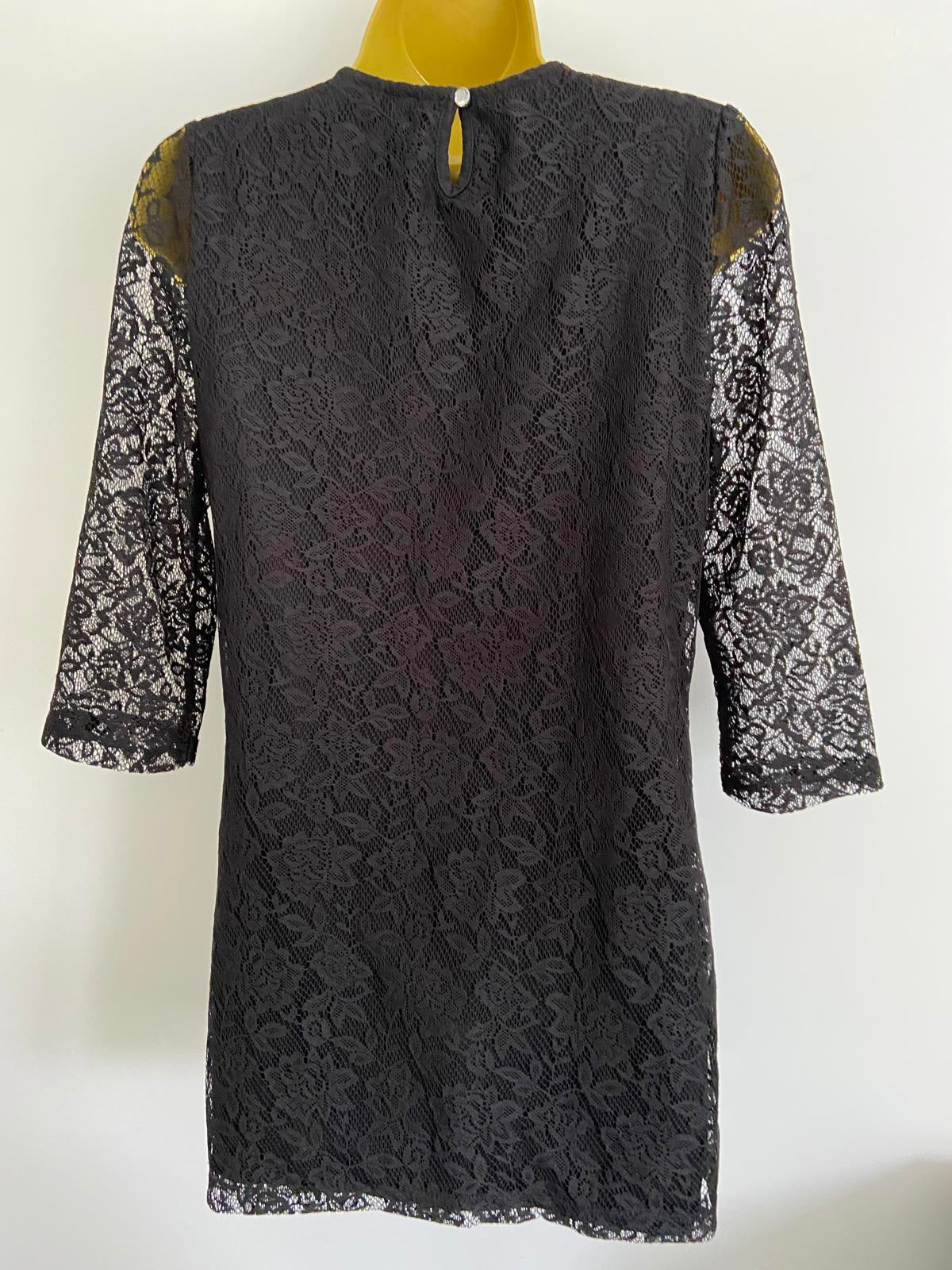 F&F (Florence & Fred) Black Lace Mini Dress - Jewelled Collar, 3/4 Sleeves, UK 8
